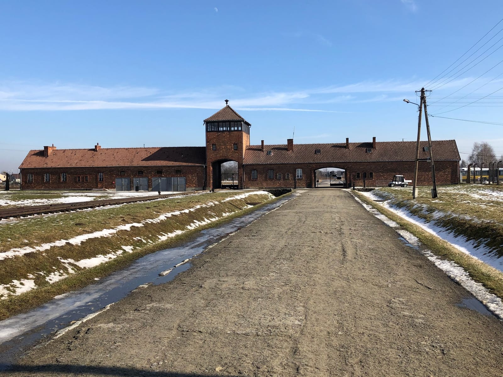 The gatehouse of the former Auschwitz II-Birkenau camp