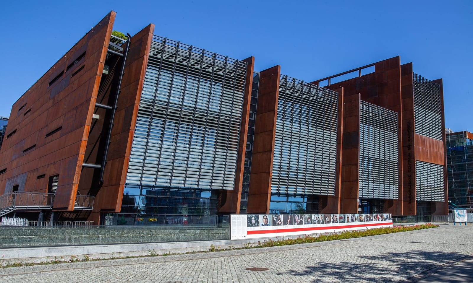 The rusted steel facade of the European Solidarity Centre in Gdańsk