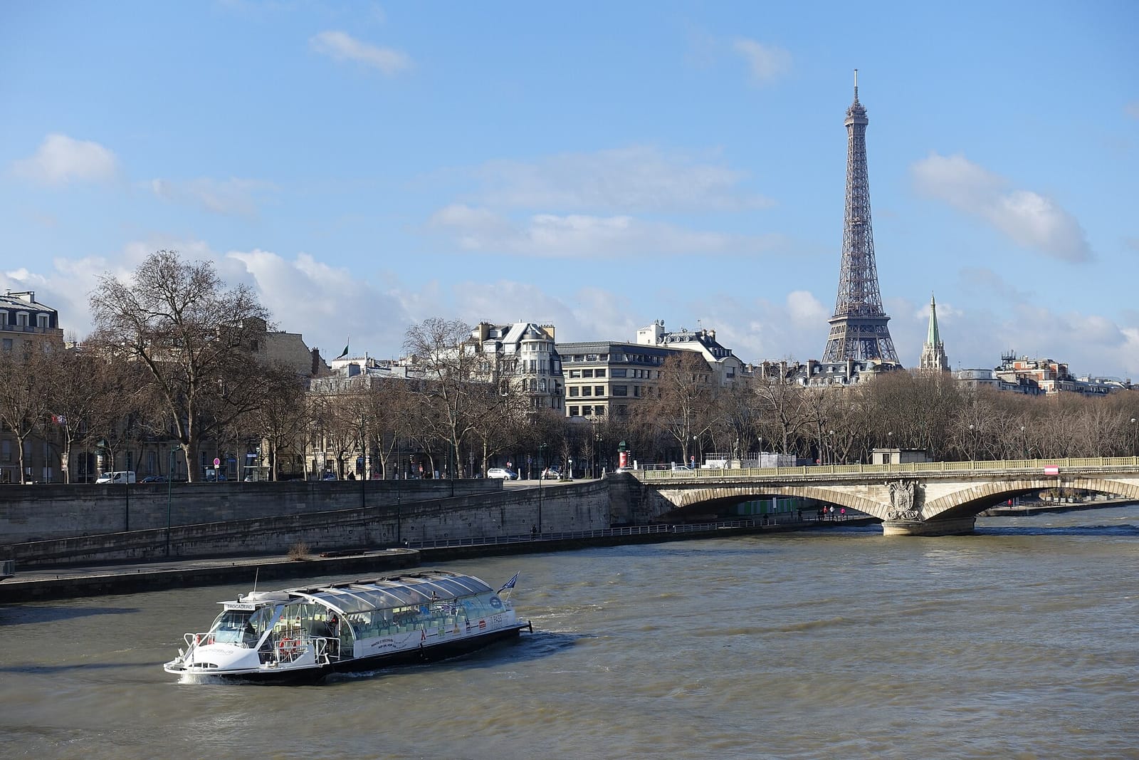 A sightseeing boat on the Seine with the Eiffel Tower in the background