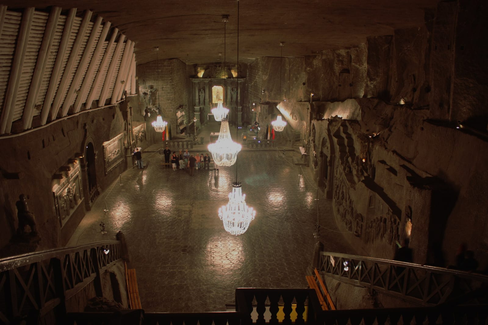 St Kinga's Chapel, carved from rock salt and lit by salt-crystal chandeliers, in the Wieliczka Salt Mine