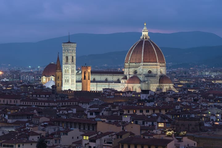 Florence Cathedral, Brunelleschi’s dome and Giotto’s bell tower at dusk