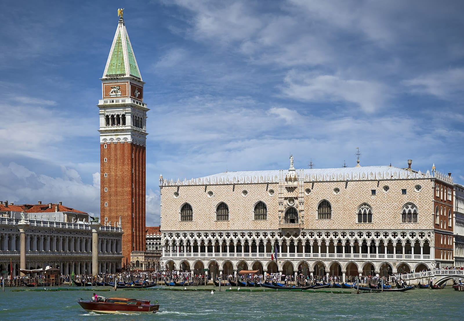 Doge's Palace and St Mark's bell tower facing the waterfront in Venice