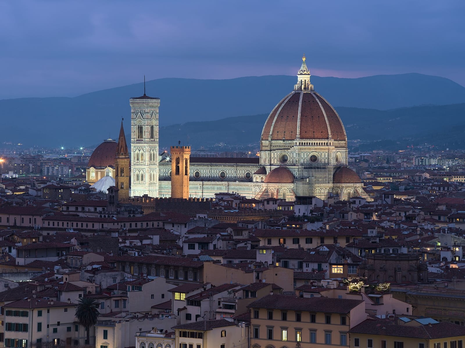 Florence Cathedral, Brunelleschi’s dome and Giotto’s bell tower at dusk