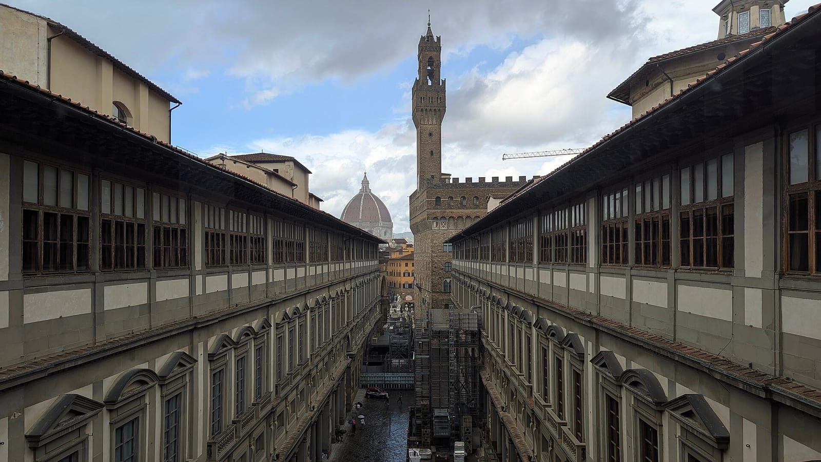 The long courtyard and wings of the Uffizi Gallery in Florence