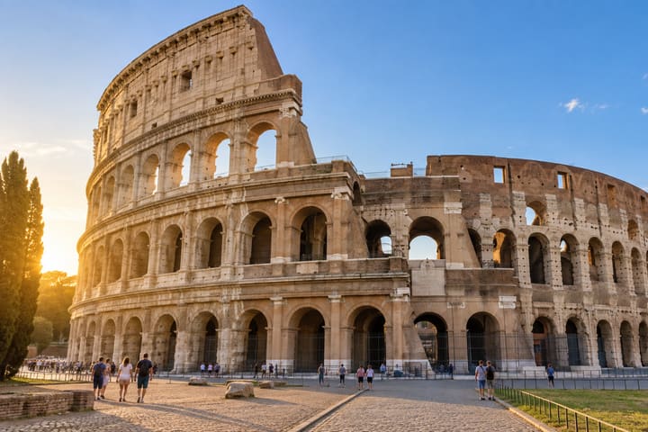 The Colosseum exterior in Rome in warm late afternoon light