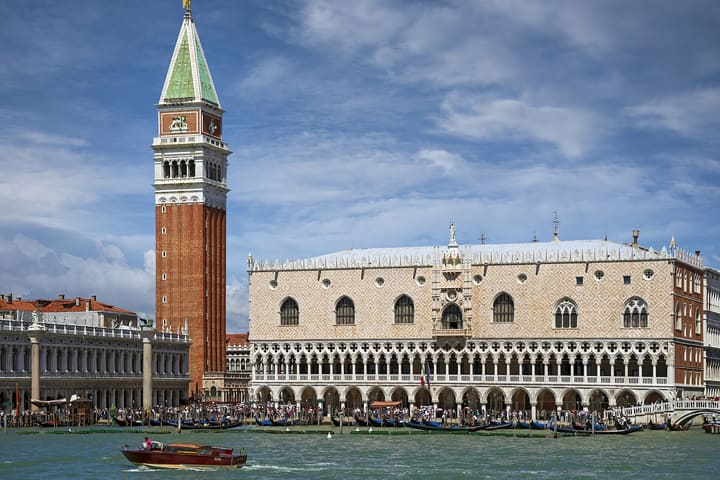 Doge's Palace and St Mark's bell tower facing the waterfront in Venice