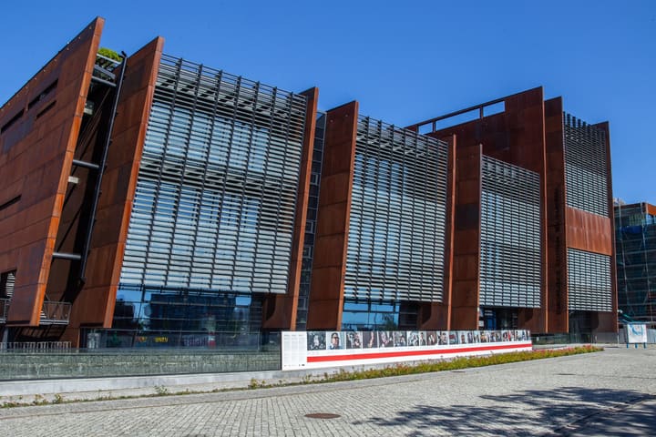 The rusted steel facade of the European Solidarity Centre in Gdańsk