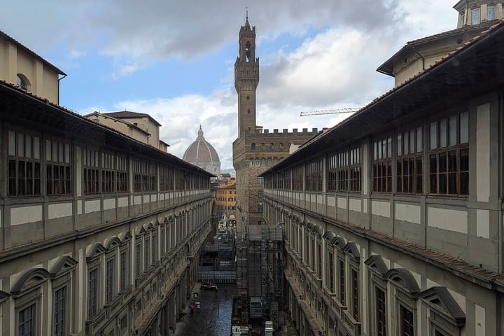 The long courtyard and wings of the Uffizi Gallery in Florence