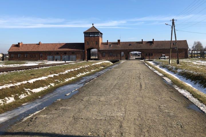 The gatehouse of the former Auschwitz II-Birkenau camp