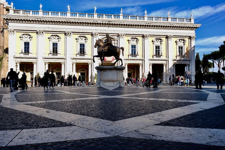 The equestrian statue and Palazzo dei Conservatori on Piazza del Campidoglio