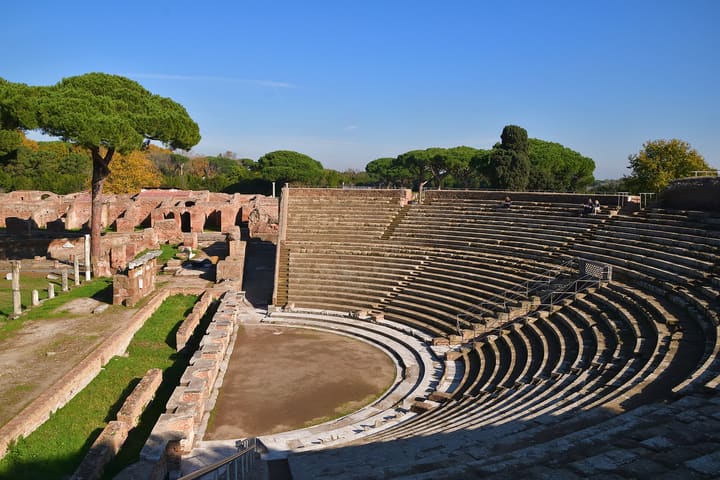 Ancient theatre seating and ruins at Ostia Antica